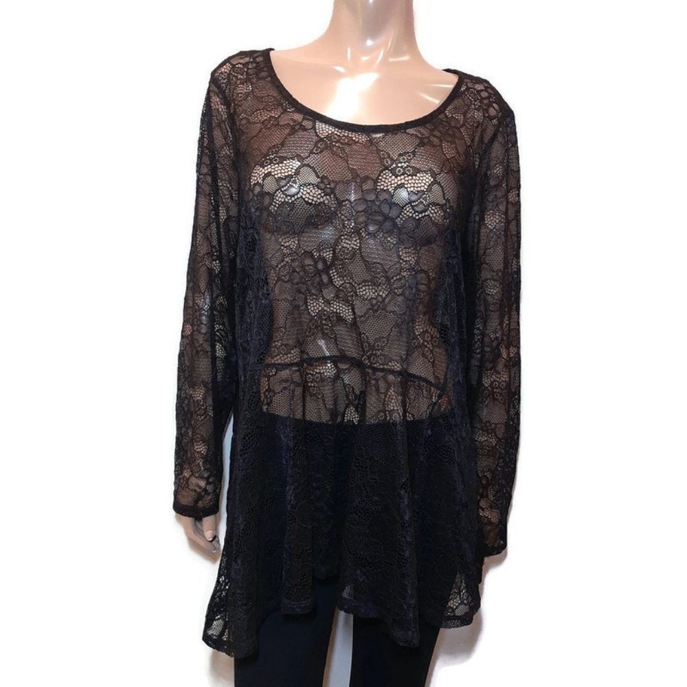 🍁 MICHEL STUDIO Sheer Lace Scoop Neck Long Sleeve Peplum Top Black Stretchy
